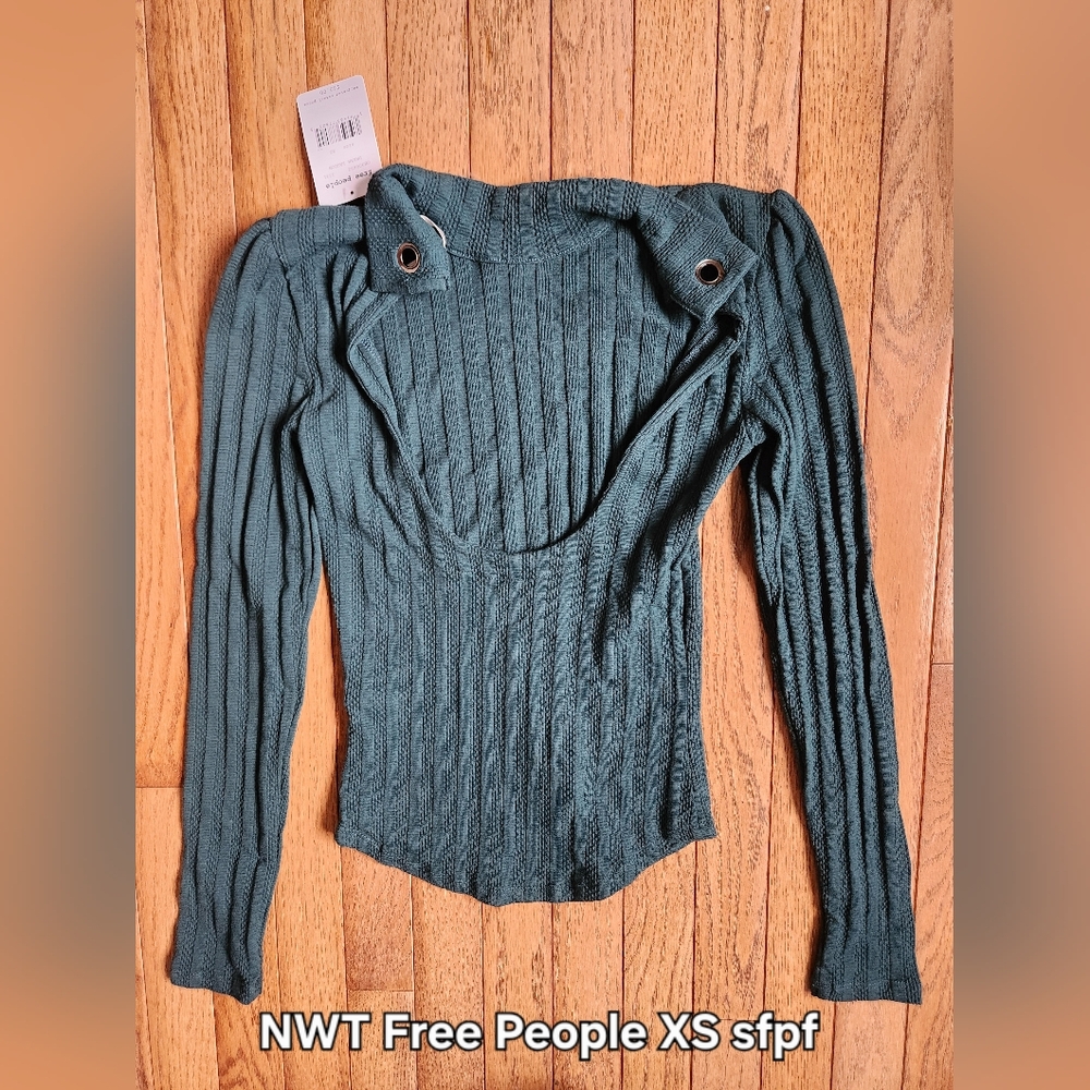 Free People Teal Ribbed Scoop-Neck Long Sleeve Top